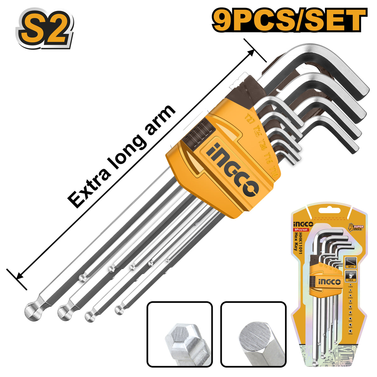 INGCO 9PCS EXTRA LONG ARM BALL POINT HEX KEY(1.5-10MM) SET HHK12092 Main image