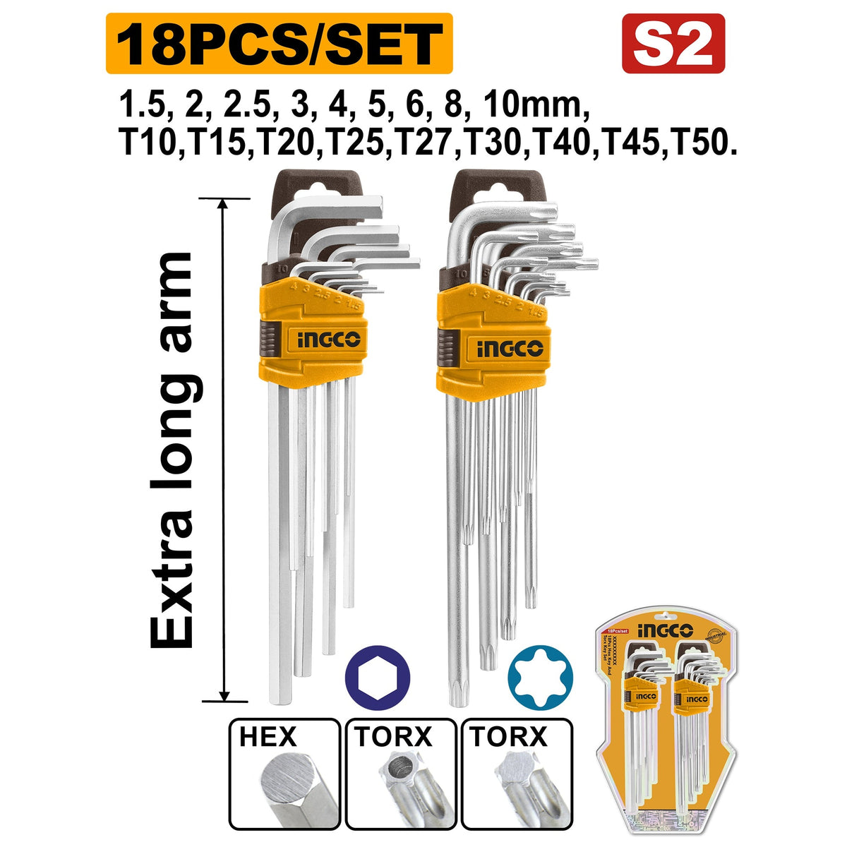 INGCO 18PCS EXTRA LONG HEX KEY(1.5-10MM) & TORX KEY(T10-T50) SET HHKSET0181 Main image
