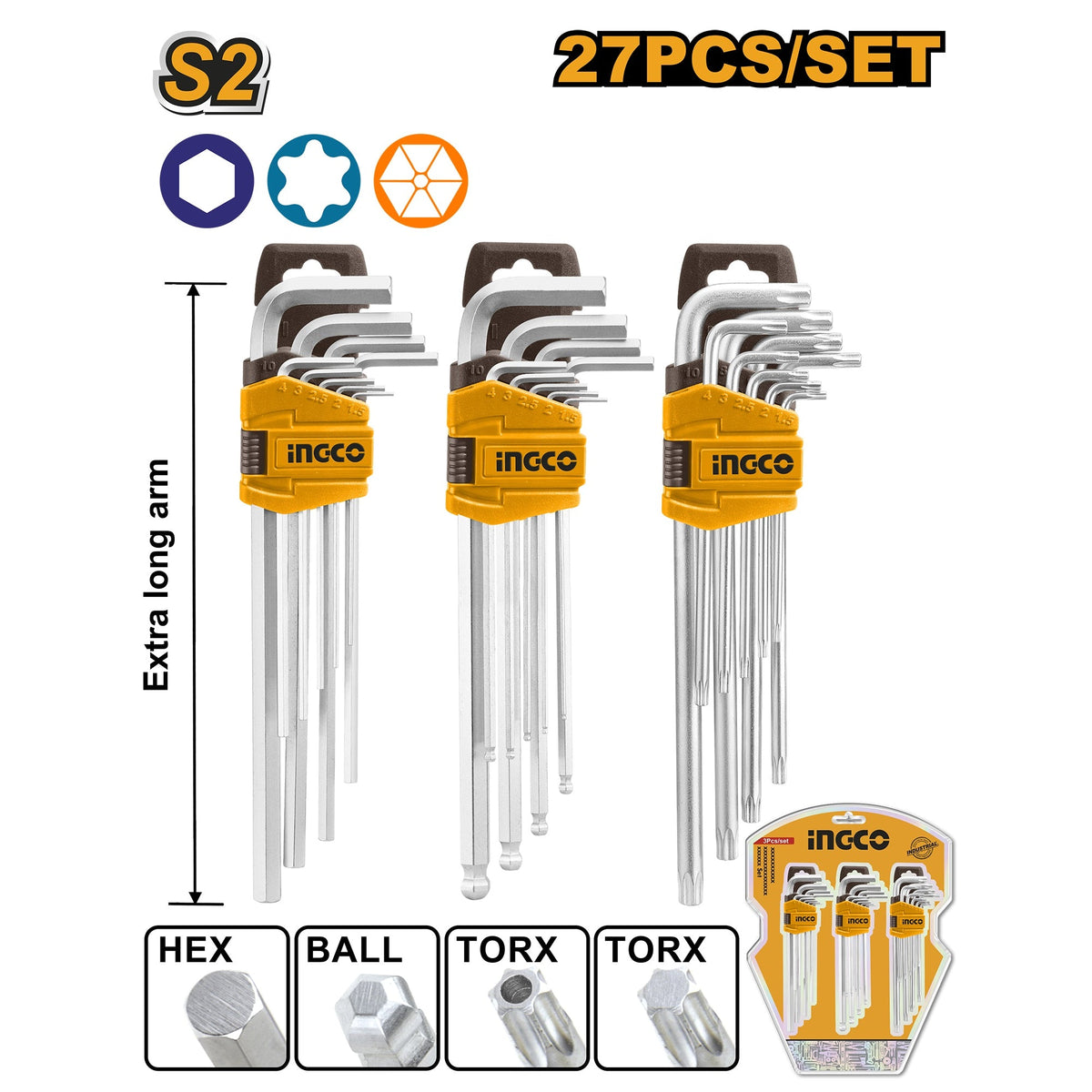 INGCO 27PCS EXTRA LONG HEX KEY+BALL END KEY+TORX KEY SET HHKSET0271 Main image