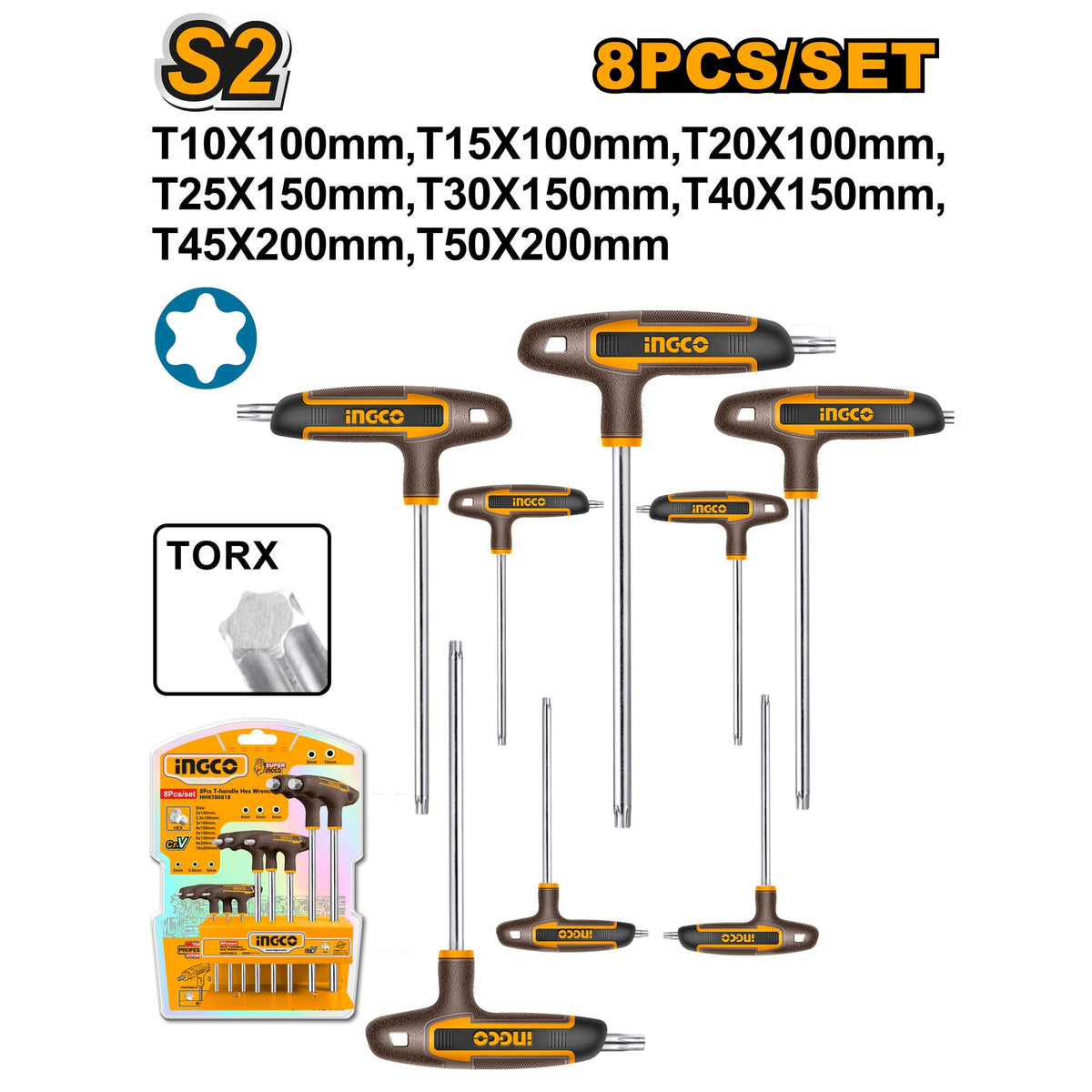 INGCO 8PCS T-HANDLE TORX KEY SET(T10-T50) HHKT80838 Main image