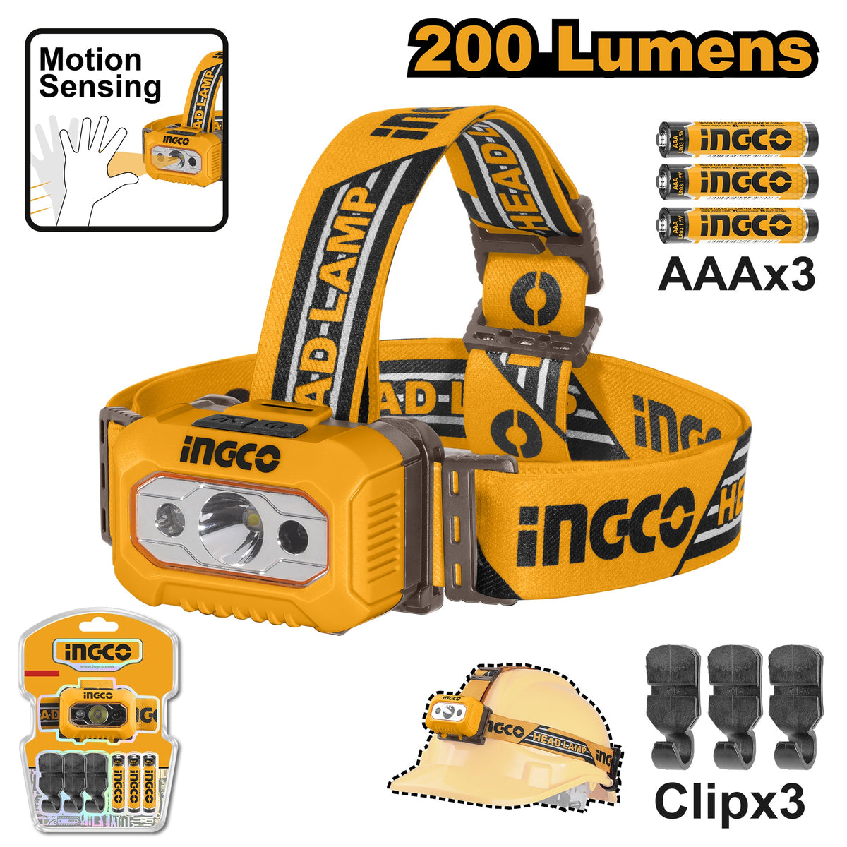 INGCO IPX4 RAIN RESISTANT HEAD LAMP 200 LUMENS MAX. HHL013AAA8 Main image