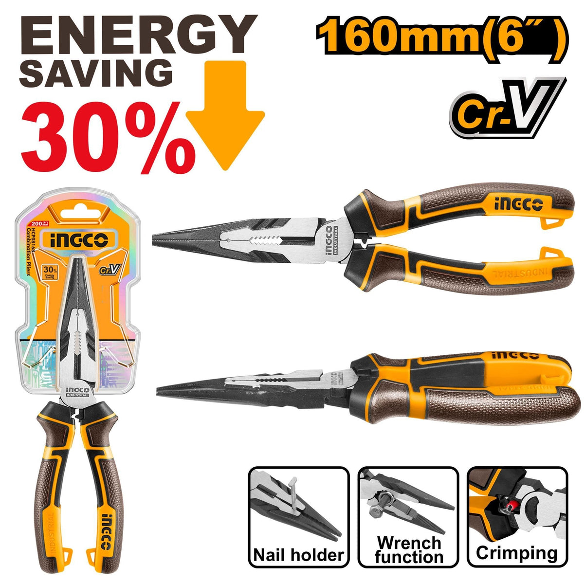 INGCO HIGH LEVERAGE CR.V LONG NOSE PLIER BLACK POLISHED