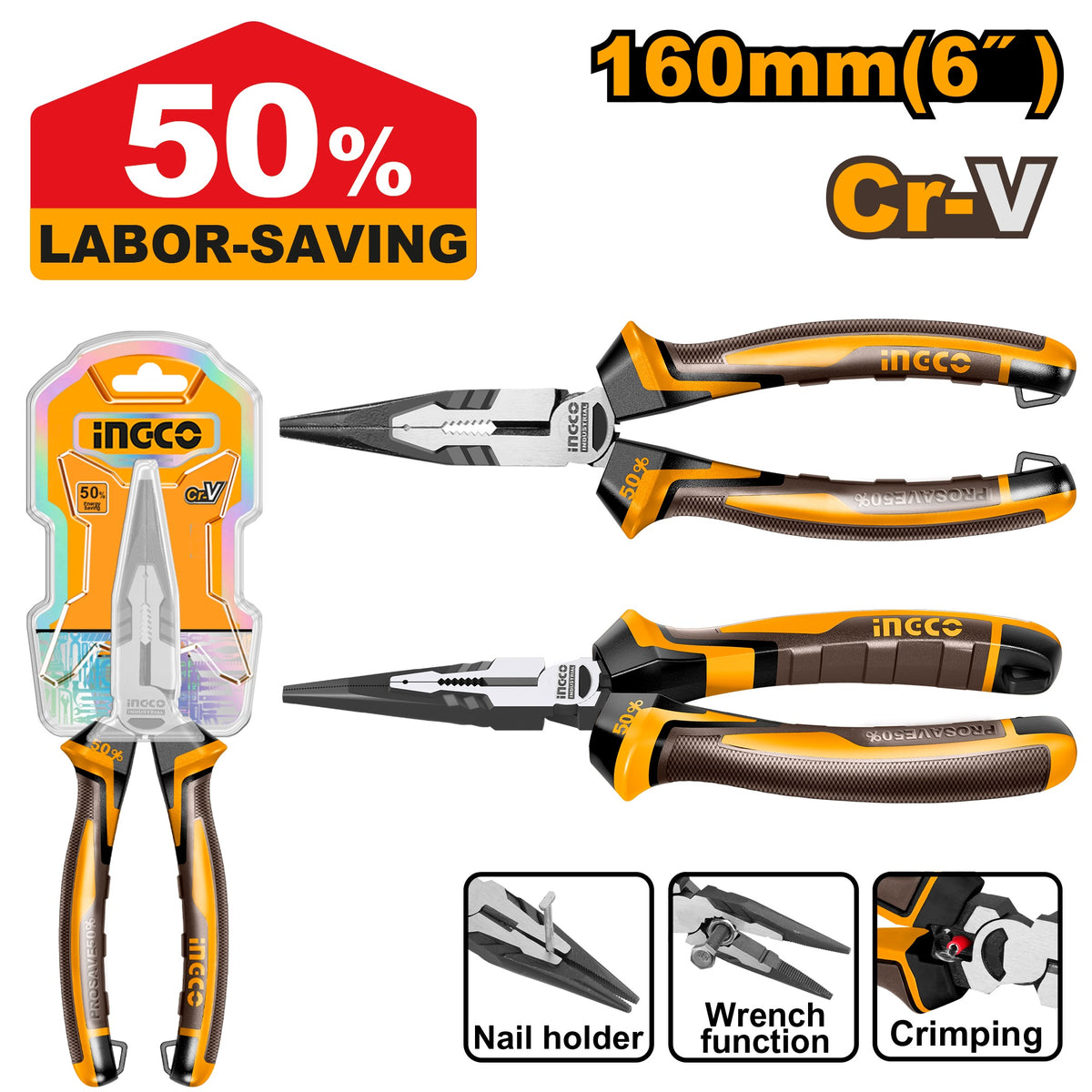 INGCO HIGH LEVERAGE CR.V LONG NOSE PLIER BLACK POLISHED Main image