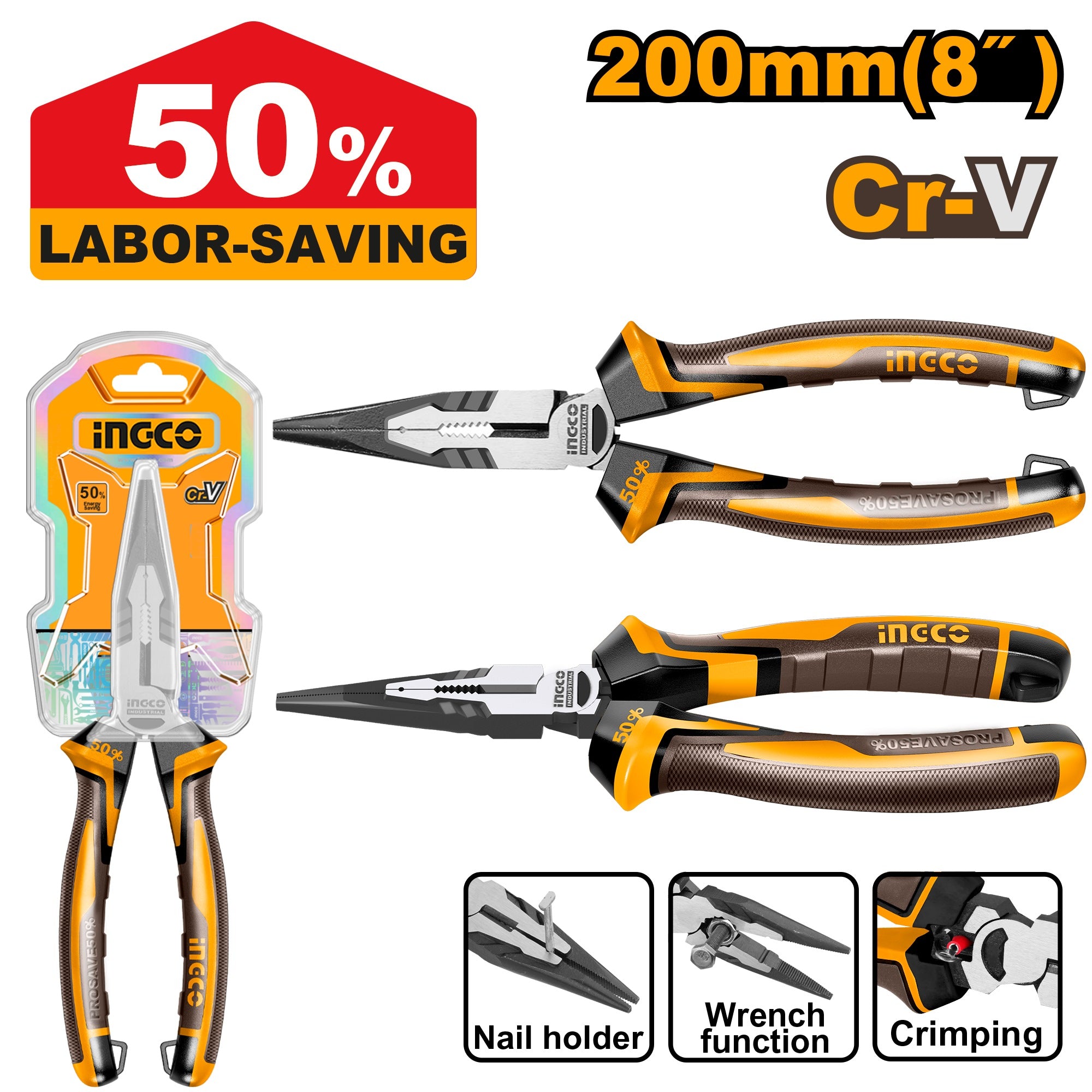 INGCO HIGH LEVERAGE CR.V LONG NOSE PLIER BLACK POLISHED Secondary image