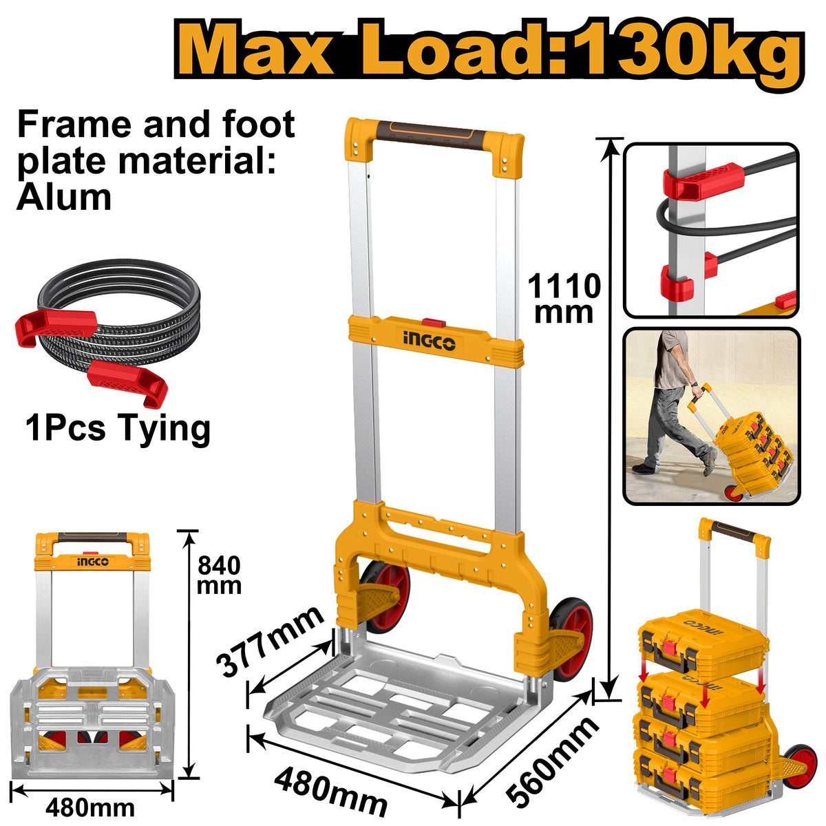 INGCO FOLDABLE HAND TRUCK LOAD 130KG 1100X558X506MM HHWB61201 Main image