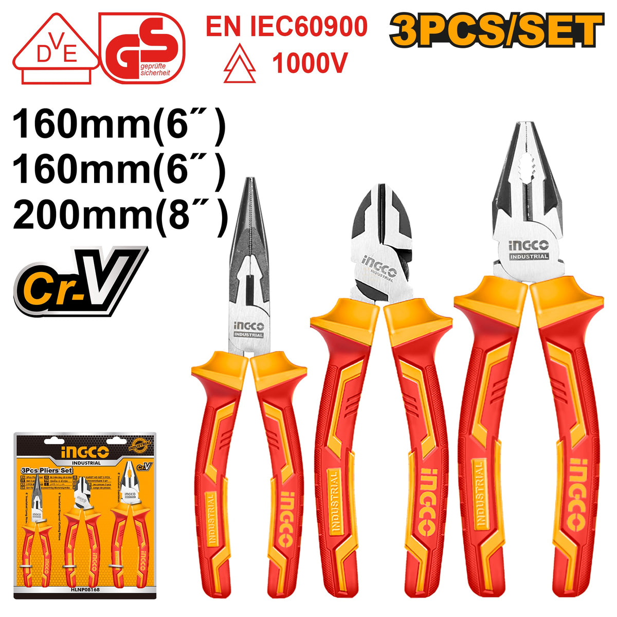 INGCO 3PCS CR.V HIGH VOLTAGE 1000V INSULATION PLIER SET HIKPS28318