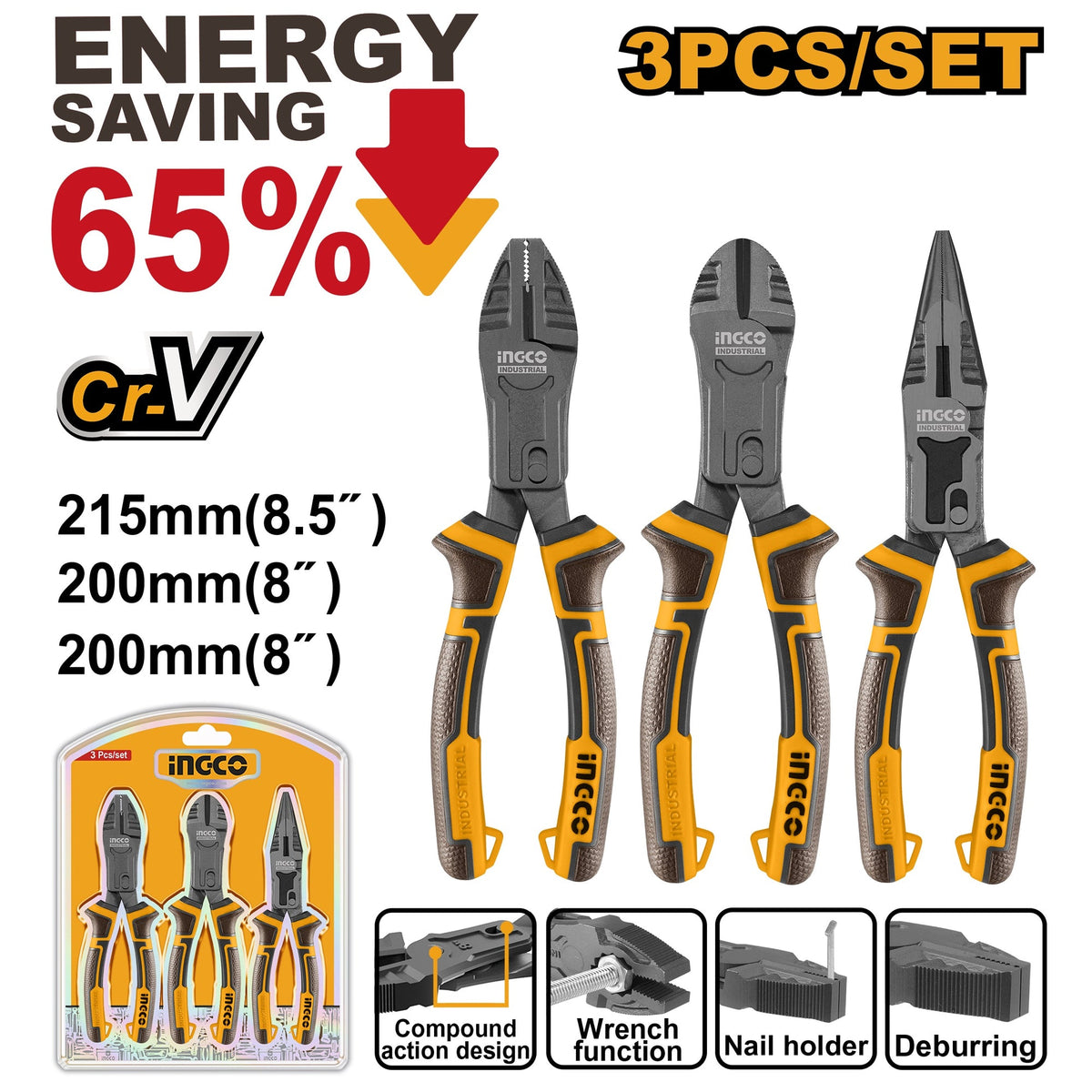 INGCO 3PCS COMPOUND ACTION PLIER SET HKCPS5831 Main image