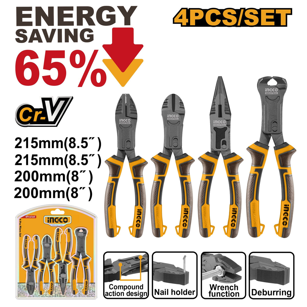 INGCO 4PCS COMPOUND ACTION PLIER SET HKCPS5841 Main image