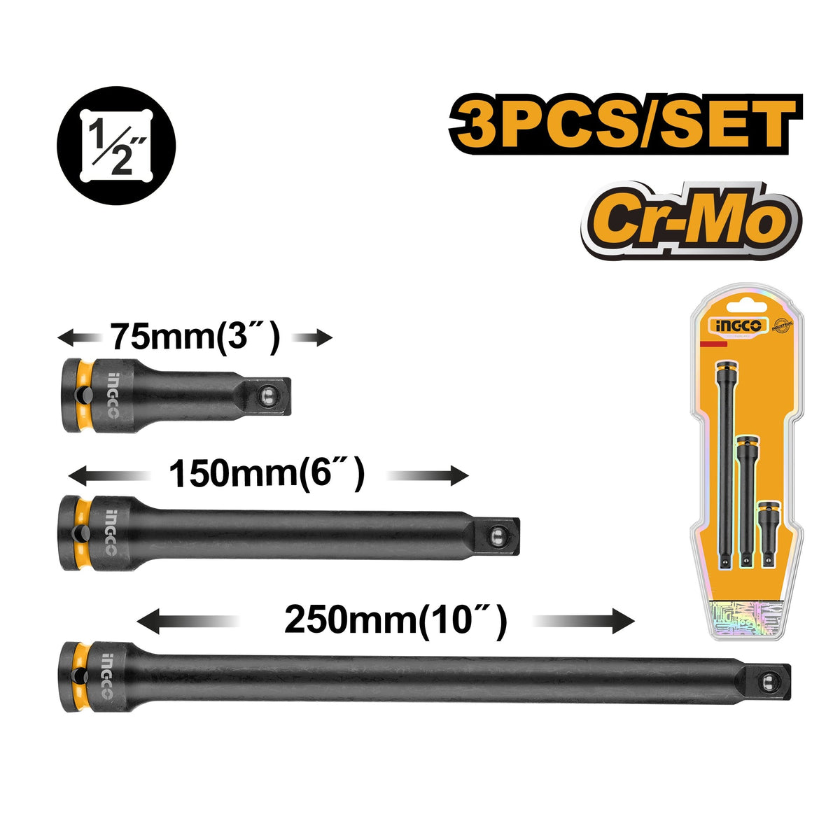 INGCO 3PCS CR-MO IMPACT EXTENSION BAR SET 1/2"X 3", 6" & 10" HKISEB12031 Main image