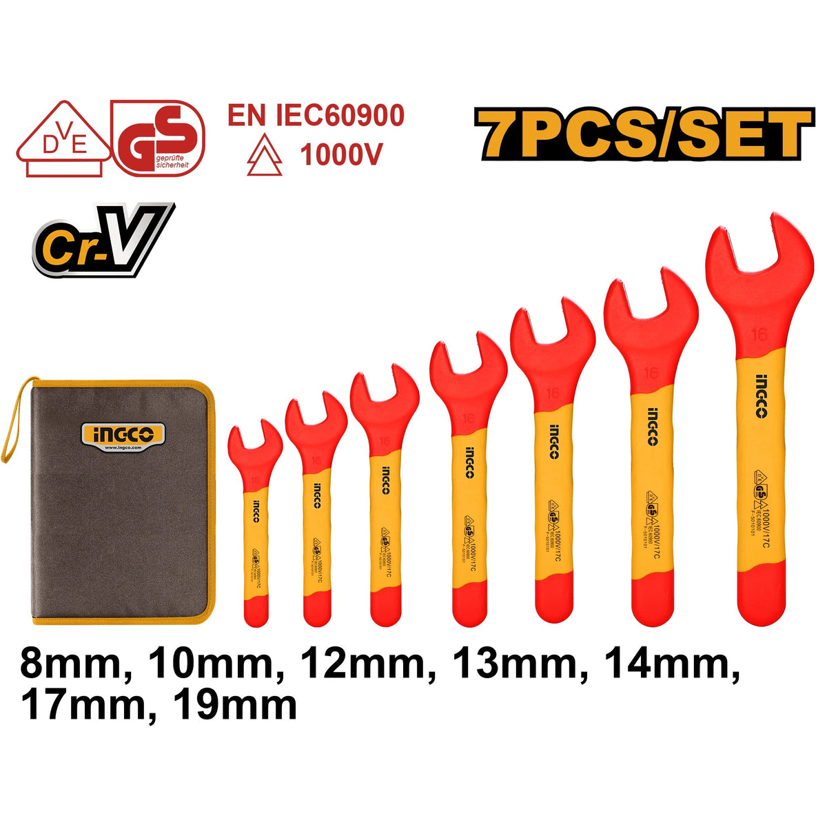 INGCO VDE 7PCS INSULATED OPEN END SPANNER SET 8-19MM HKISPA0701