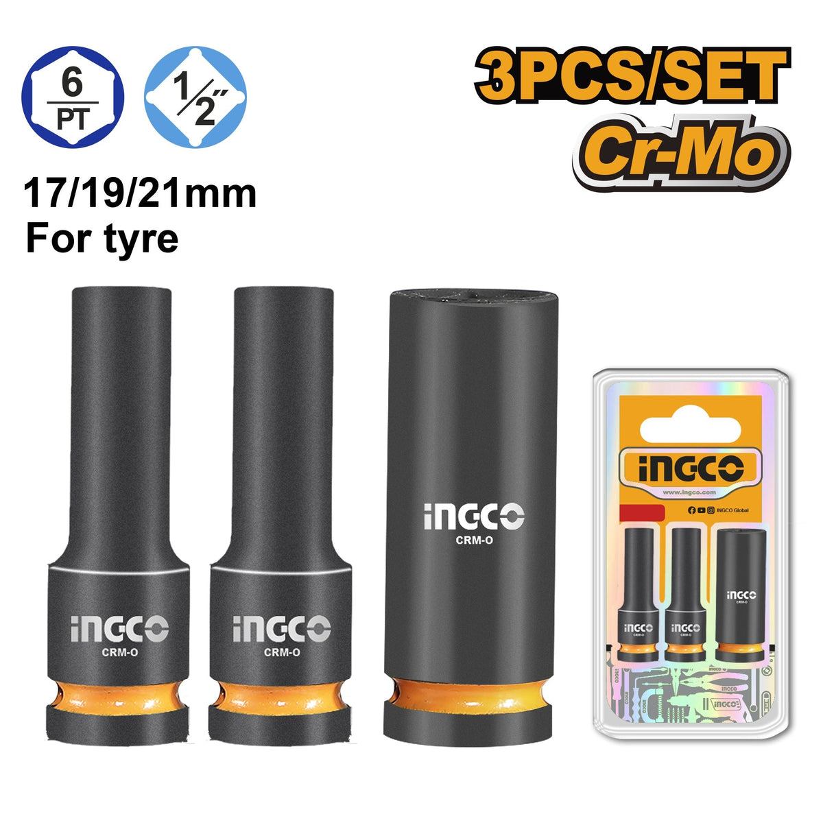 INGCO 3PCS 1/2" DR. CR-MO DEEP MPACT SOCKET SET 17,19 & 21MM HKISSD12042L Main image