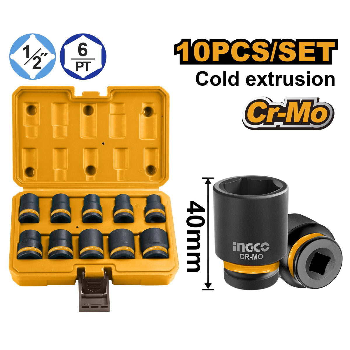 INGCO 10PCS 1/2" DR. CR-MO STANDARD IMPACT SOCKET SET 10-24MM HKISSD12101 Main image