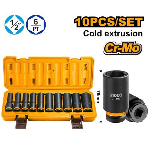 INGCO 10PCS 1/2" DR. CR-MO DEEP MPACT SOCKET SET 10-24MM HKISSD12102L Main image