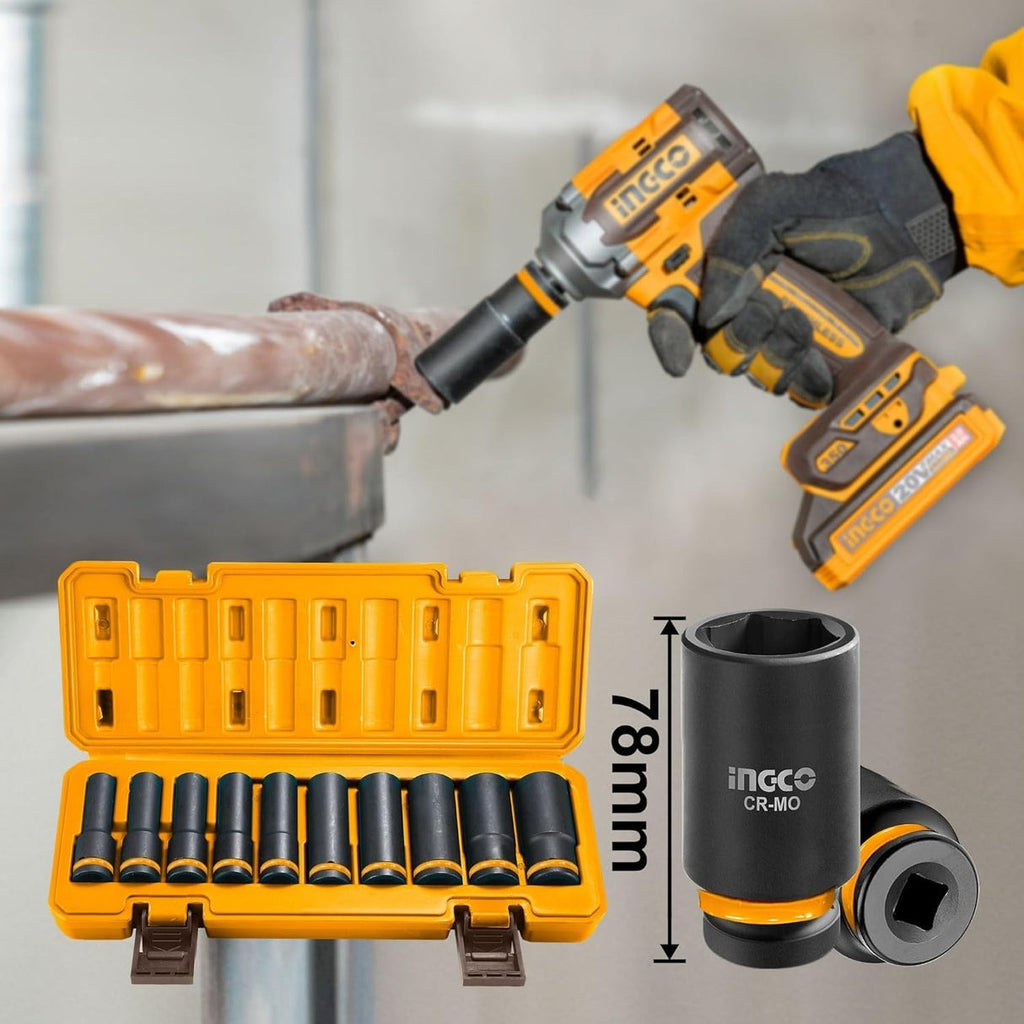 INGCO 10PCS 1/2" DR. CR-MO DEEP MPACT SOCKET SET 10-24MM HKISSD12102L