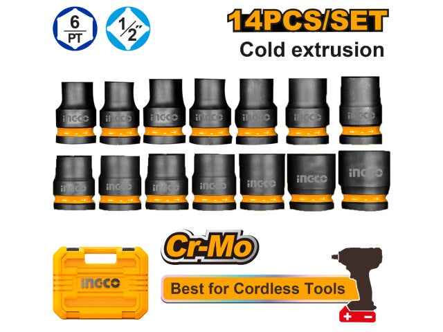 INGCO 14PCS 1/2" DR. CR-MO STANDARD IMPACT SOCKET SET 10-27MM HKISSD12141