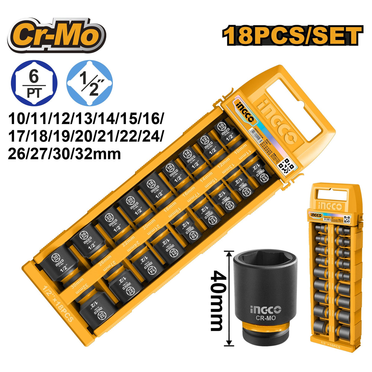 INGCO 18PCS 1/2" DR. CR-MO STANDARD IMPACT SOCKET SET 10-32MM HKISSD12186 Main image