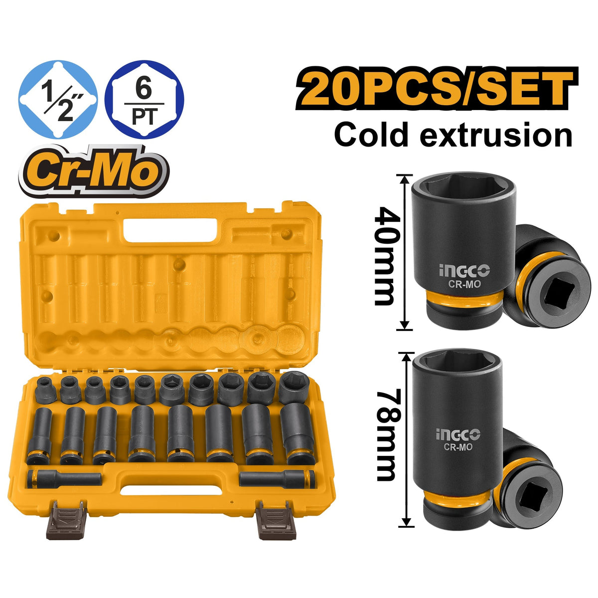 INGCO 20PCS 1/2"DR CR-MO STD & DEEP IMPACT SOCKET SET 10-24MM HKISSD12203L Main image