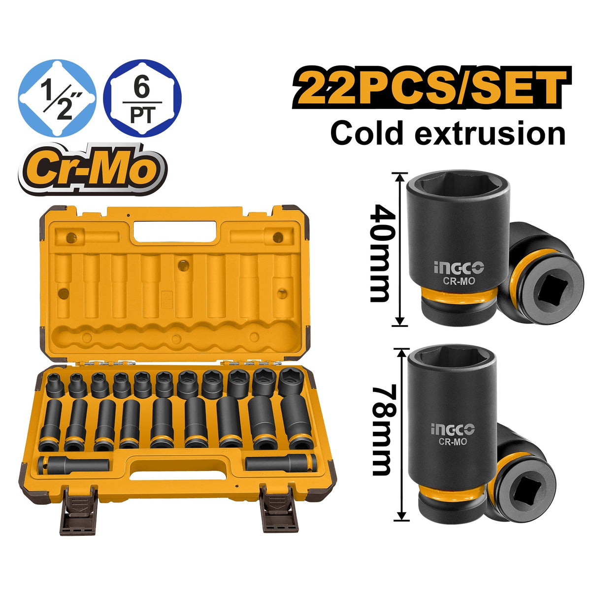 INGCO 22PCS 1/2"DR CR-MO STD & DEEP IMPACT SOCKET SET 10-24MM HKISSD12221L Main image