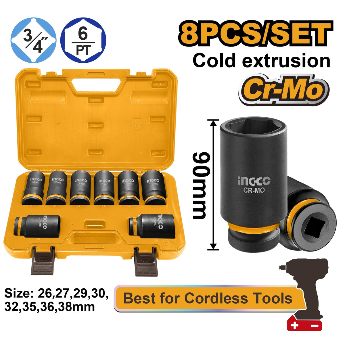 INGCO 8PCS 3/4" DR. CR-MO DEEP IMPACT SOCKET SET 26-38MM HKISSD34082L Main image