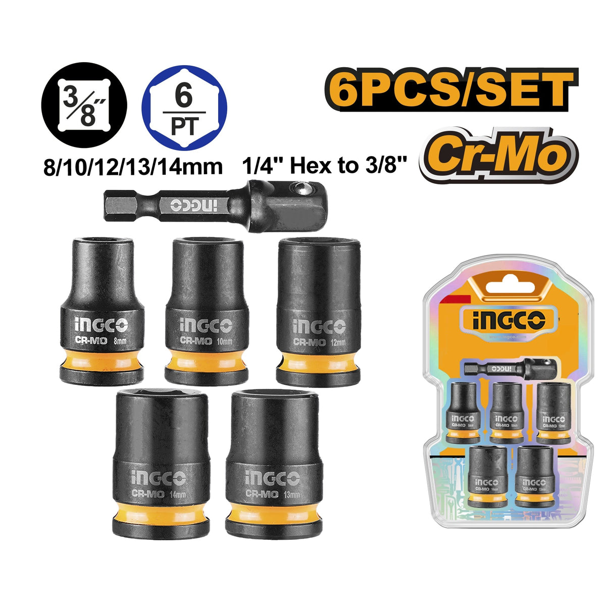 INGCO 6PCS 3/8" IMPACT SOCKETS+1/4" HEXA-3/8" IMP. ADAPTOR SET HKISSD38061 Main image