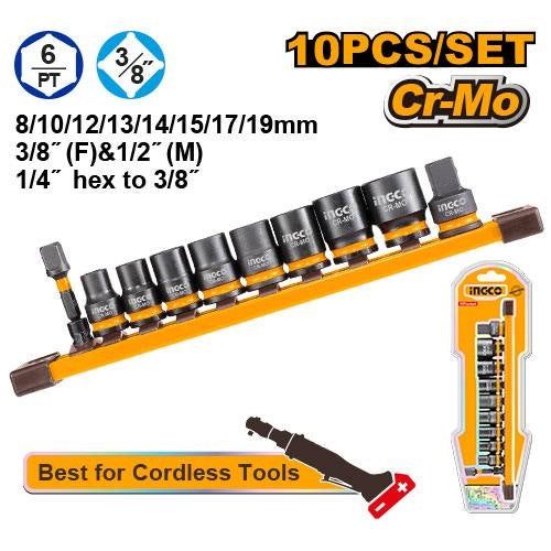 INGCO 10PCS 3/8" DR. CR-MO STANDARD IMPACT SOCKET SET 8-19MM HKISSD38104