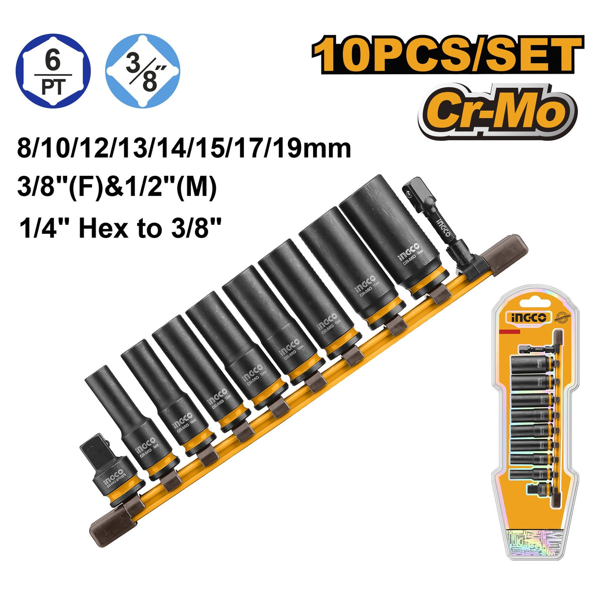 INGCO 10PCS 3/8" DR. CR-MO DEEP IMPACT SOCKET SET 8-19MM HKISSD38105L