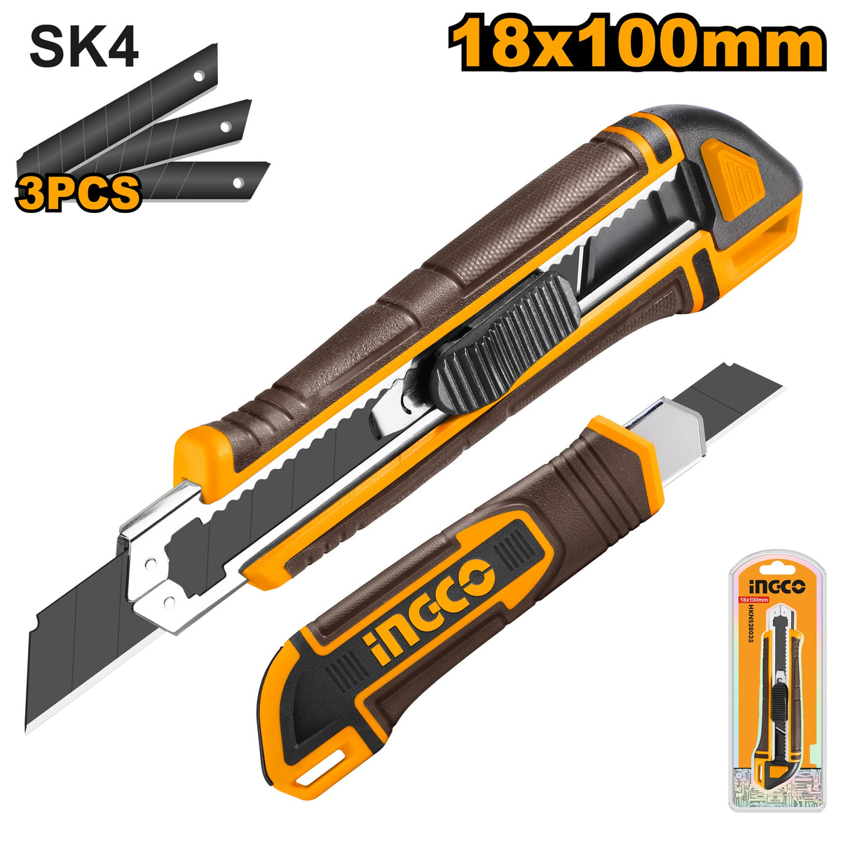 INGCO SNAP OFF BLADE KNIFE W/3 PCS SK5 18MM BLADE HKNS28035 Main image