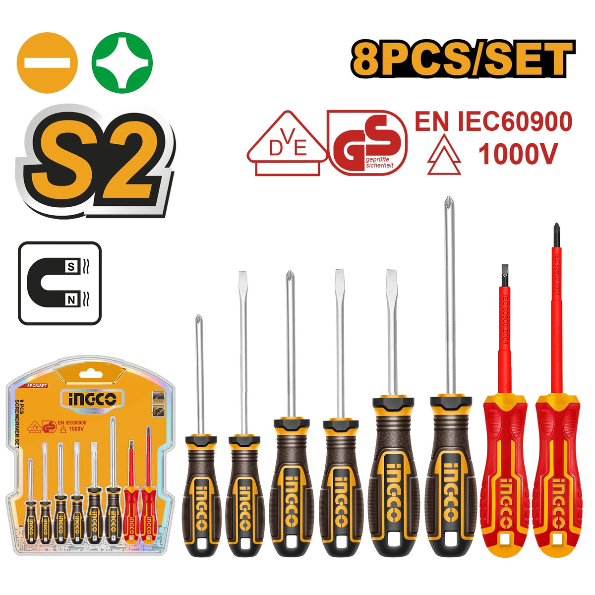 INGCO 8PCS (6+2 VDE) SCREWDRIVER SET MAGNETIC TIP HKSDS0838