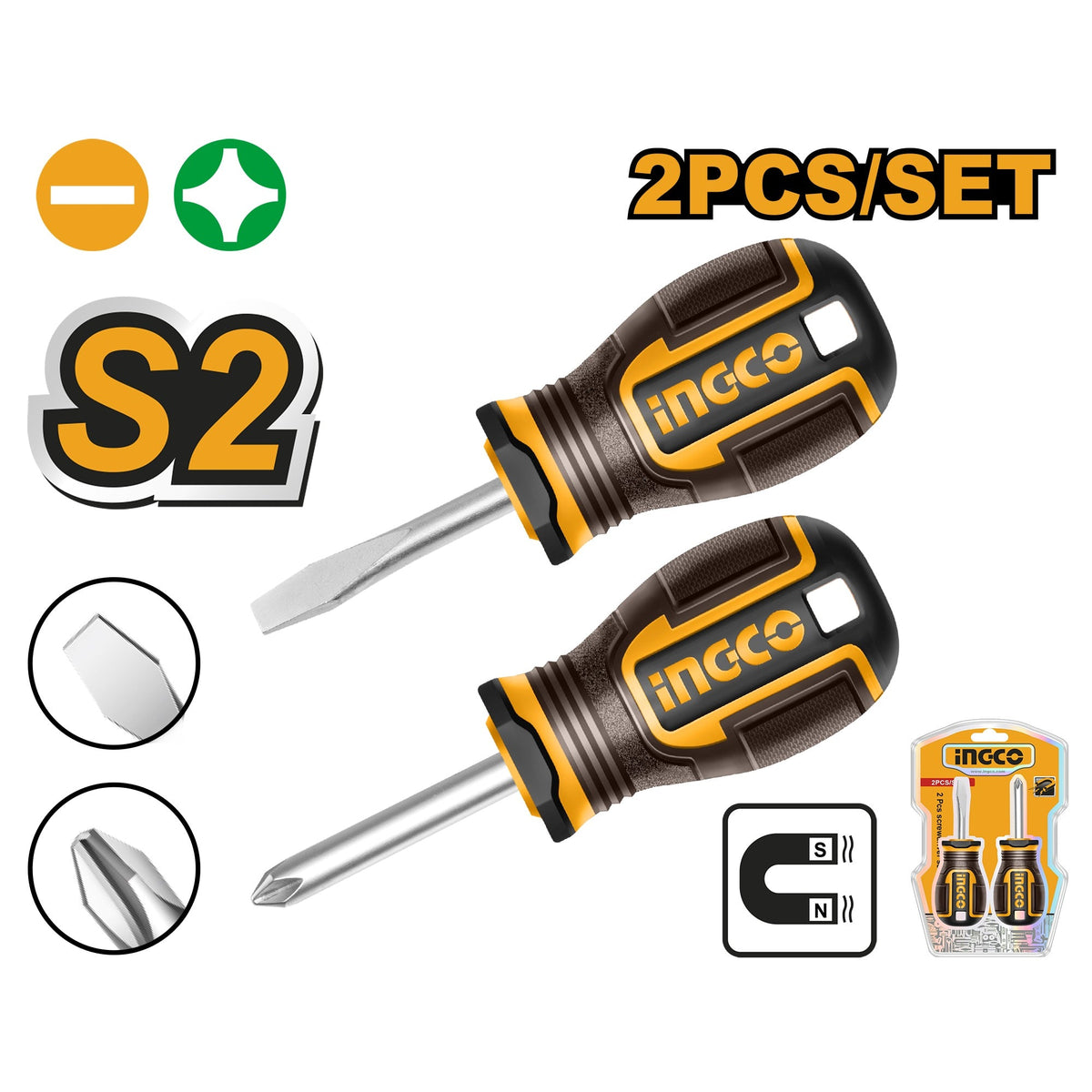 INGCO 2PCS STUBBY MAGNETIC TIP SCREWDRIVER SET (-) & (+) 38MM HKSDS2228 Main image