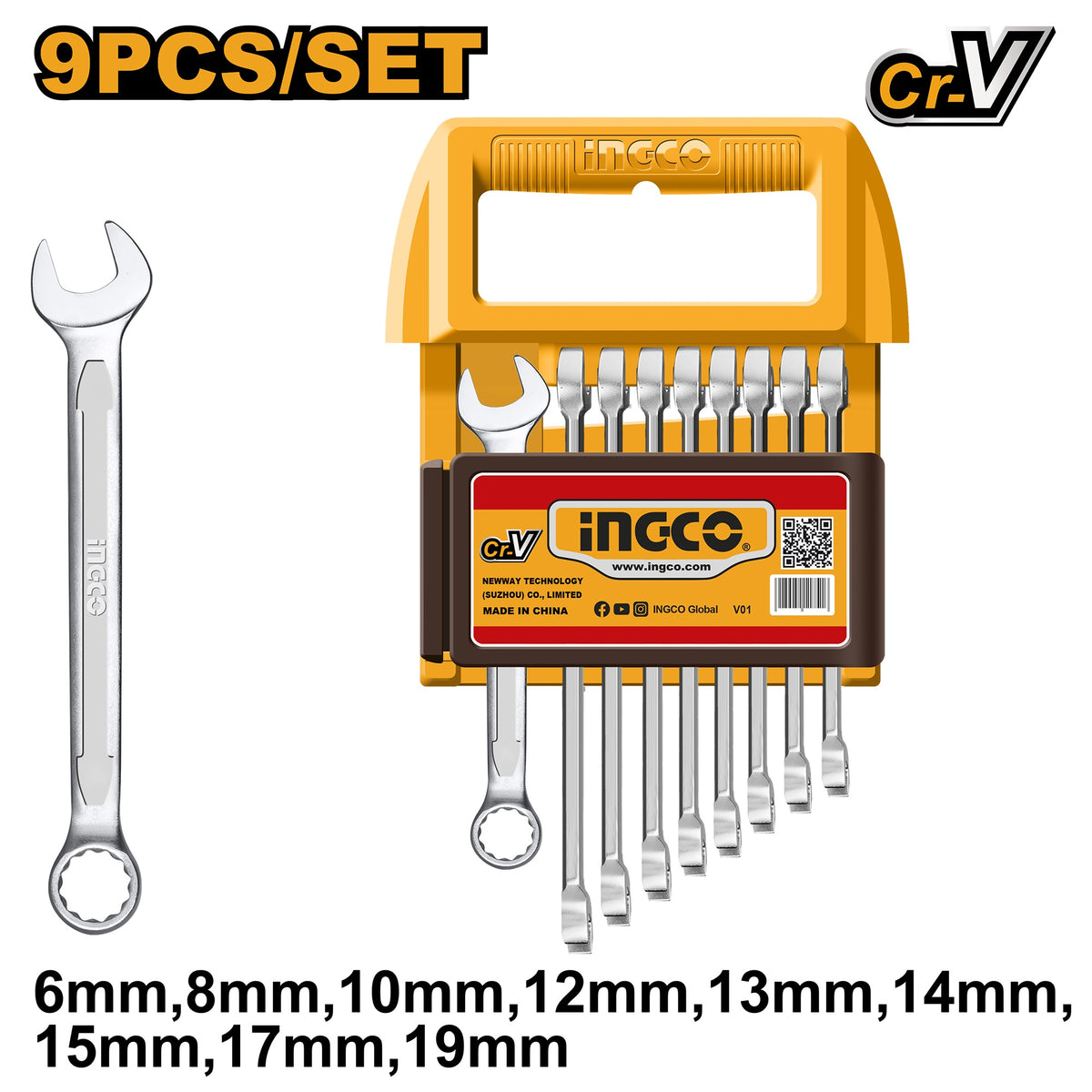 INGCO 9PCS COMBINATION SPANNER SET 6,8,10,12,13,14,15,17,19MM HKSPA1096 Main image