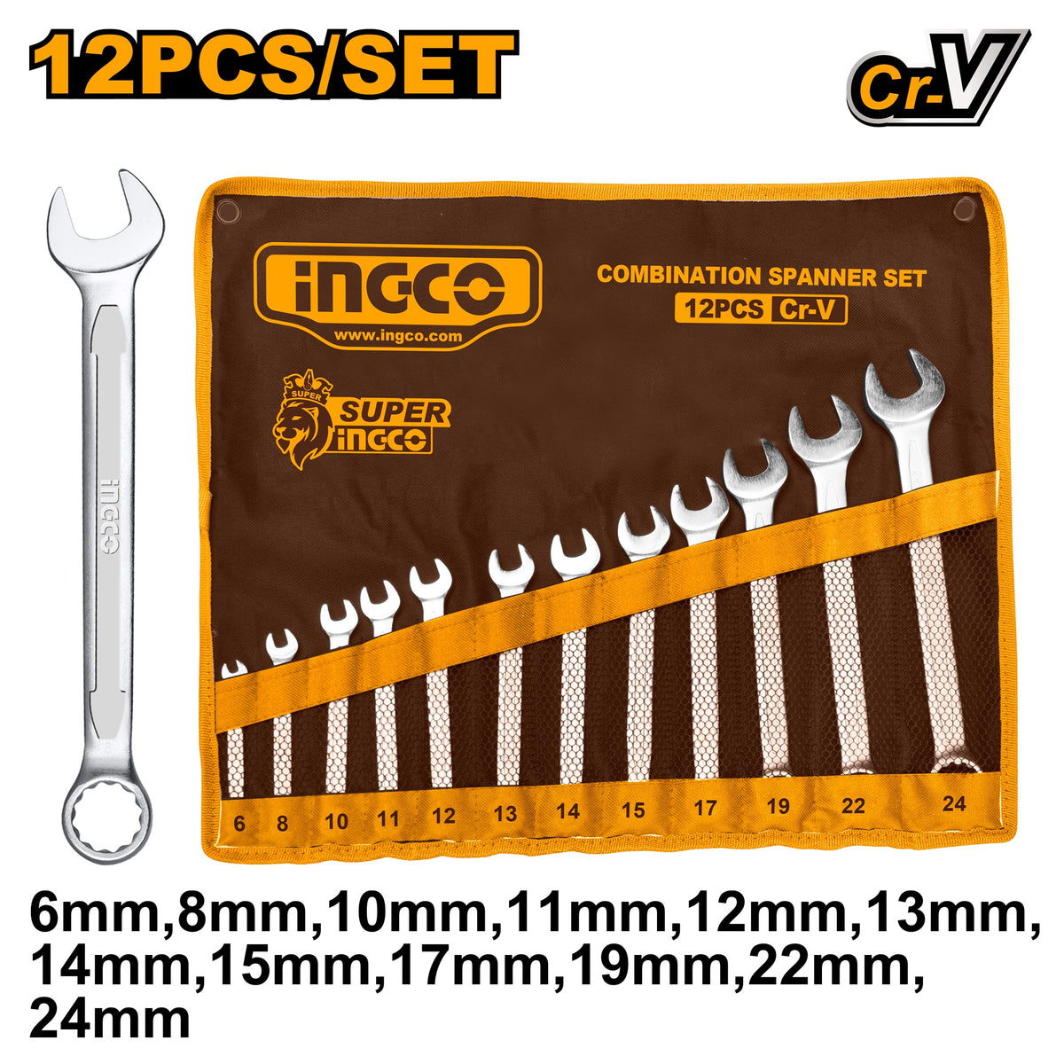 INGCO 12PCS CR.V COMBINATION SPANNER SET 6-24MM HKSPA1142 Main image