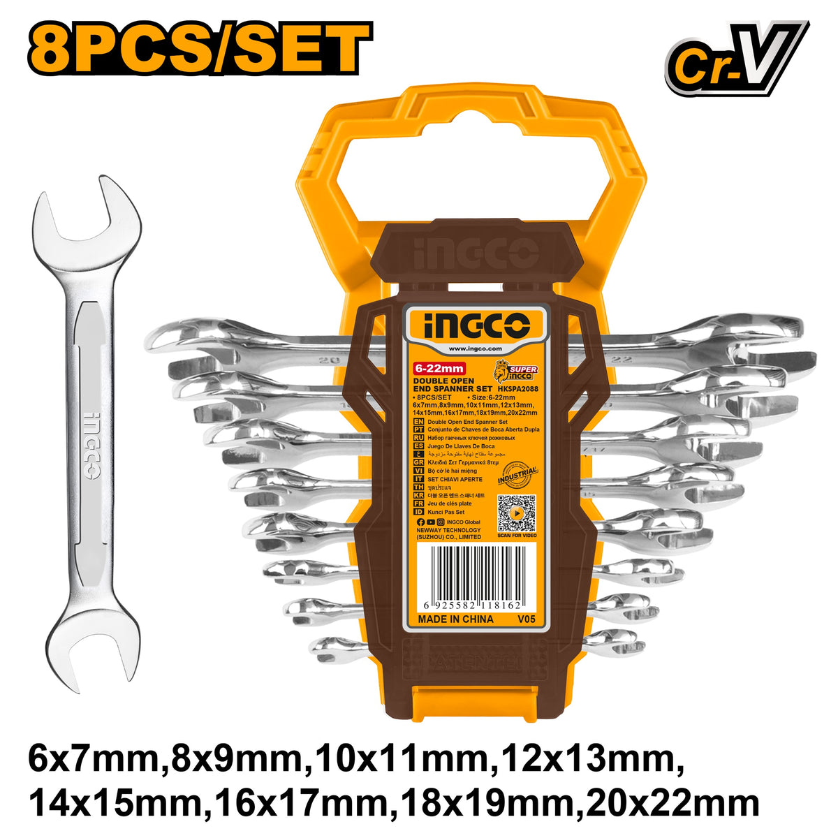 INGCO 8PCS DOUBLE OPEN END SPANNER SET 6-22MM HKSPA2088 Main image