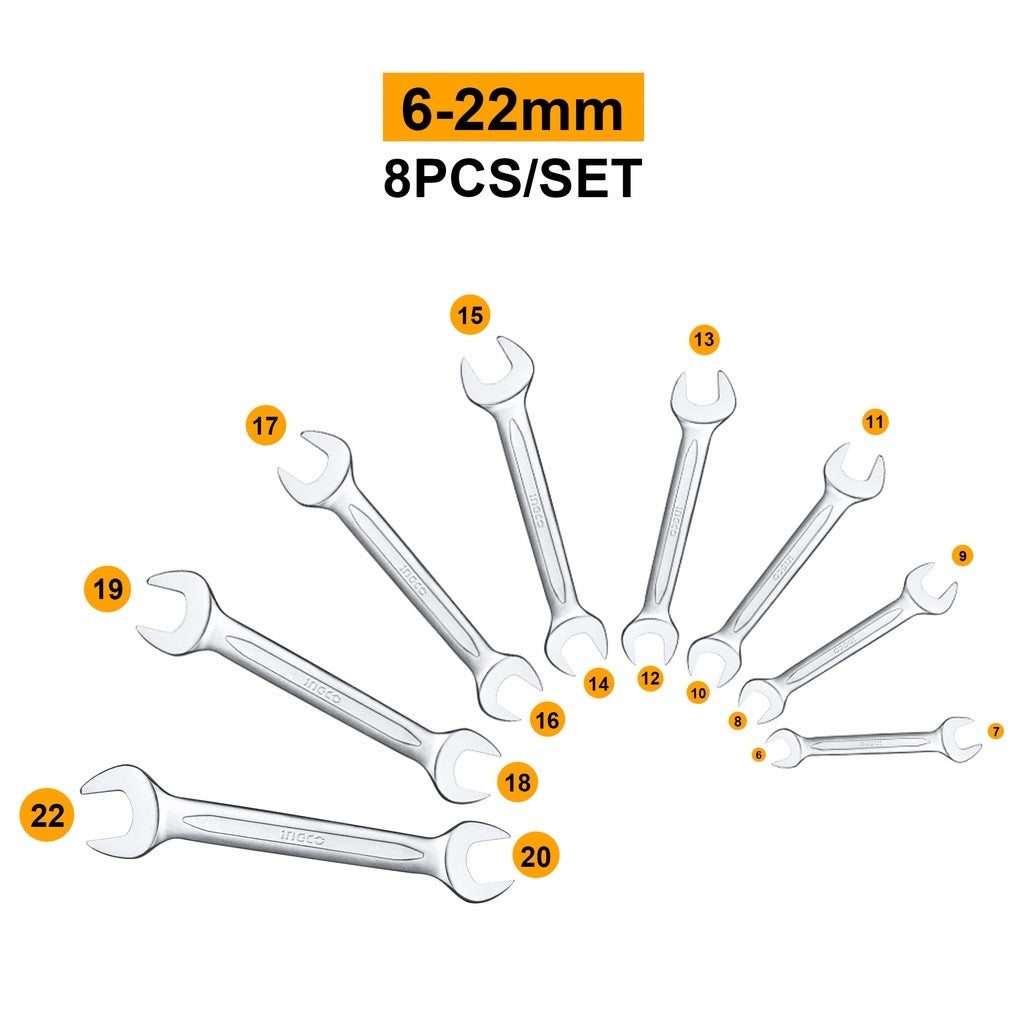 INGCO 8PCS DOUBLE OPEN END SPANNER SET 6-22MM HKSPA2088