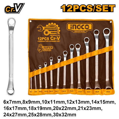 INGCO 12PCS DOUBLE OFFSET RING SPANNER SET 6X7-30X32MM HKSPA3142