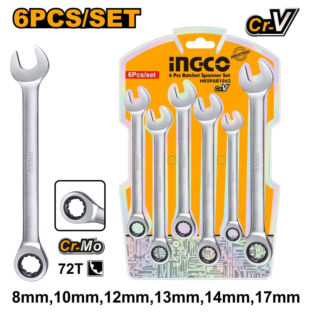INGCO 6PCS RATCHET SPANNER SET [8,10,12,13,14,17] HKSPAR1062