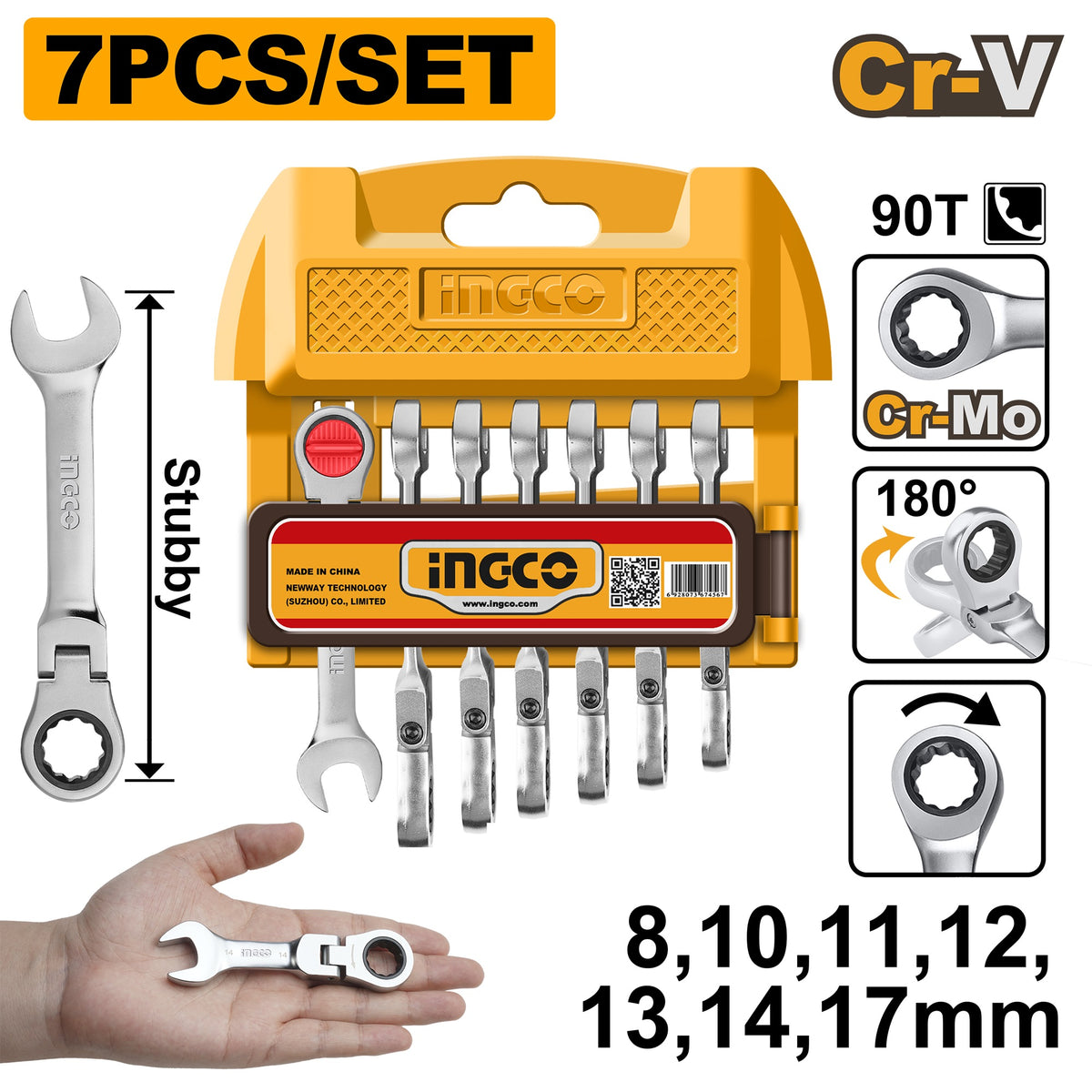INGCO 7PCS SHORT FLEXI RATCHET SPANNER SET [8,10,11,12,13,14,17] HKSPAR2075