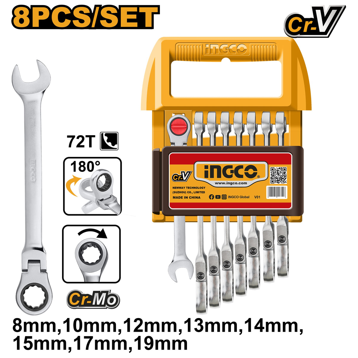 INGCO 8PCS FLEX RATCHET COMBI SPANNER SET 8,10,12,13,14,15,17,19 HKSPAR2083 Main image