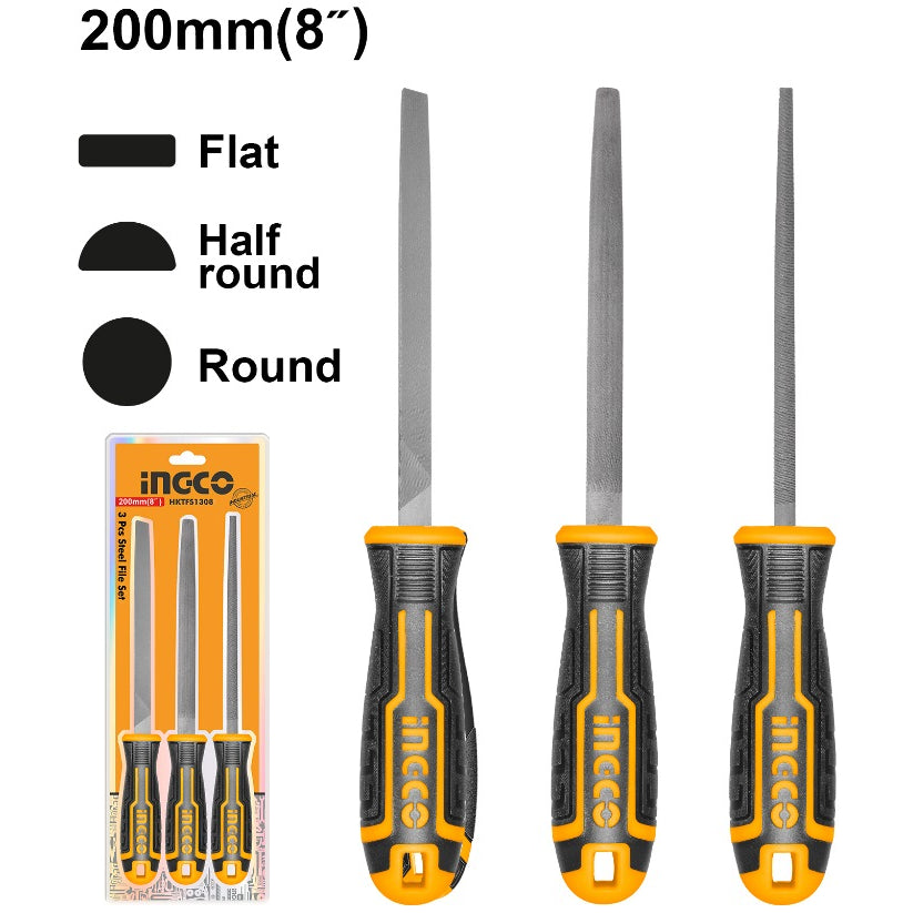INGCO 3PCS STEEL FILE SET-FLAT, HALF ROUND, & ROUND 8" 200MM HKTFS1308 Main image