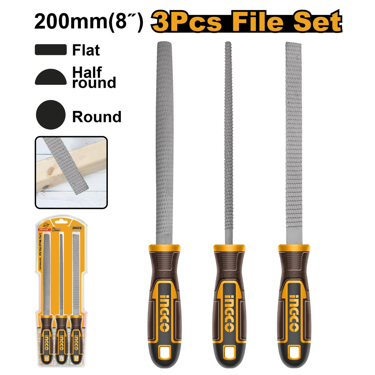 INGCO 3PCS WOOD FILE SET- FLAT, HALF ROUND, & ROUND 8" 200MM HKTFW0308 Main image