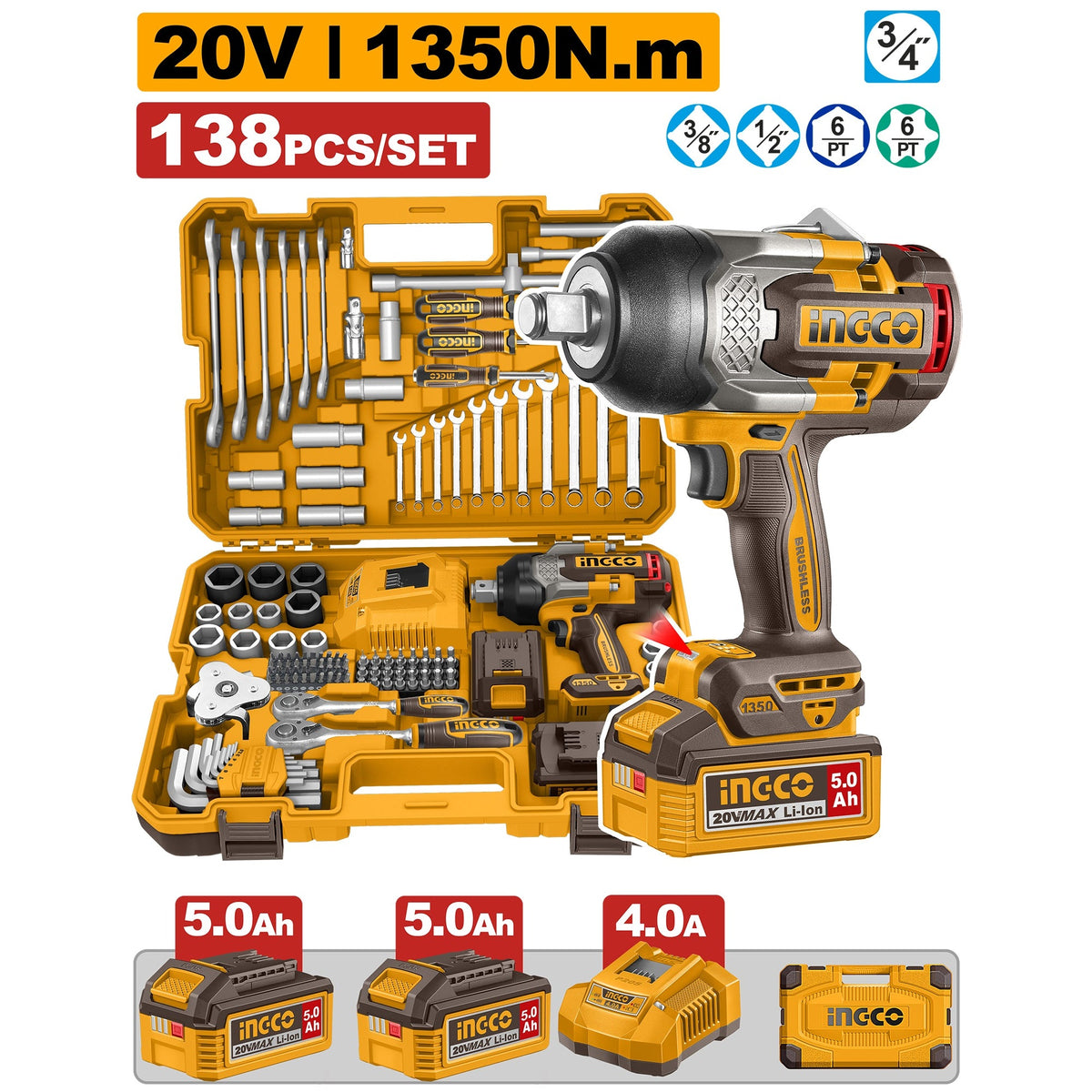 INGCO 20V 3/4" DR. IMPACT WRENCH 1350NM IN 138PCS TOOL KIT SET HKTHP41383 Main image