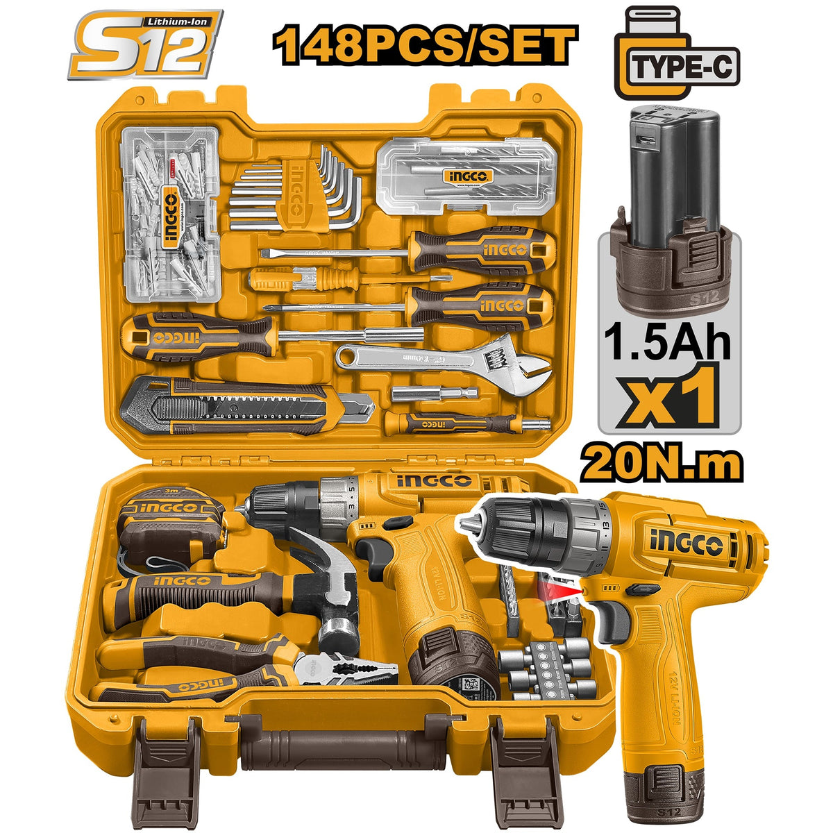 INGCO 12V DRILL DRIVER 20NM IN 148PCS TOOL KIT SET HKTHP41482 Main image