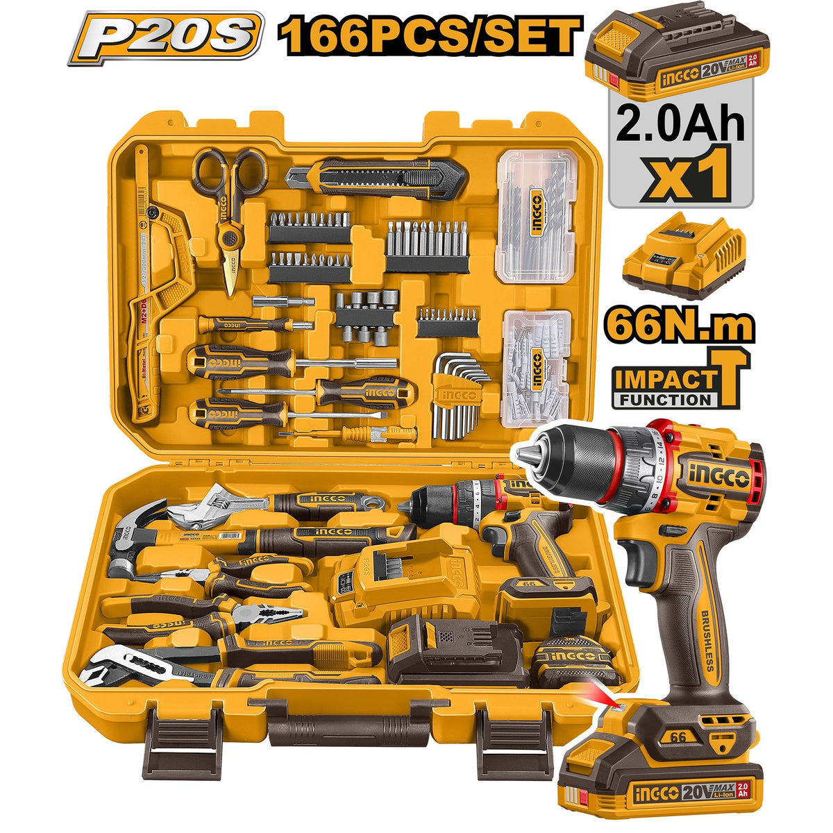 INGCO 20V IMPACT DRILL 66NM IN 166PCS TOOL KIT SET HKTHP41662 Main image
