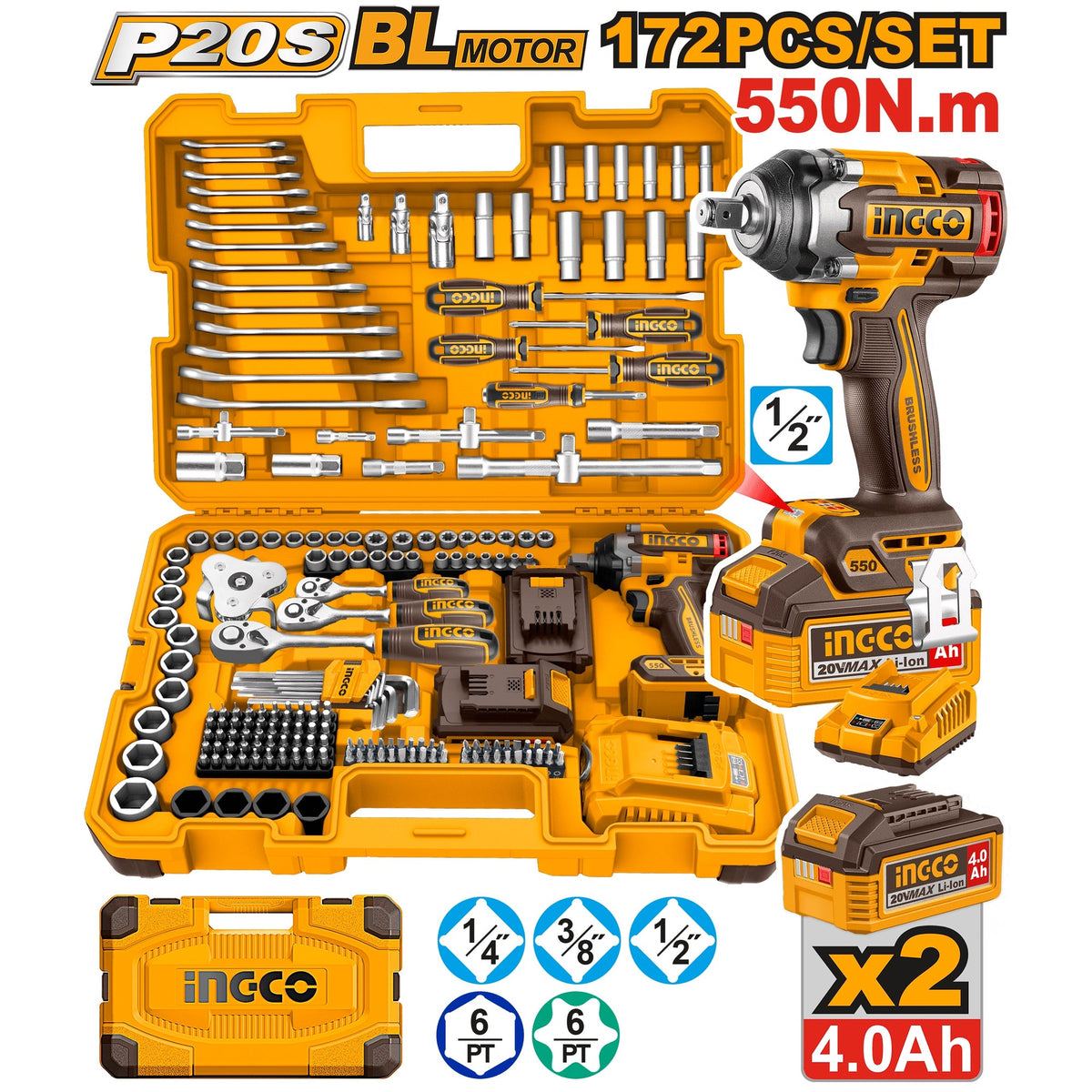 INGCO 20V IMPACT WRENCH 550NM IN 172PCS TOOL KIT SET HKTHP41723 Main image