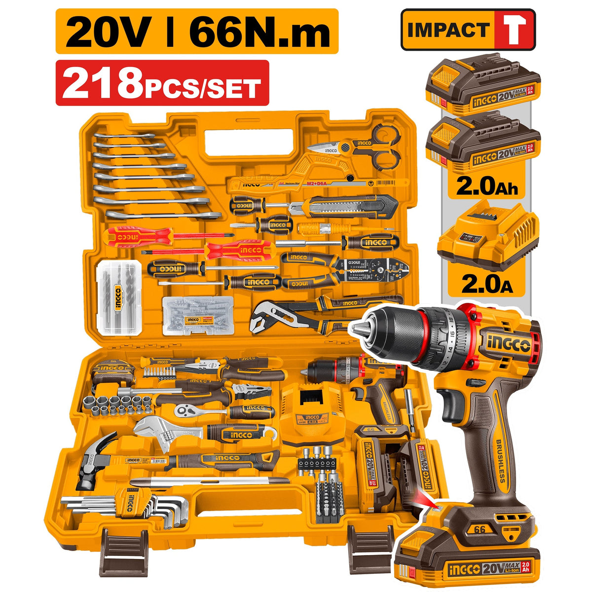 INGCO 20V IMPACT DRILL 66NM IN 218PCS TOOL KIT SET HKTHP42182 Main image