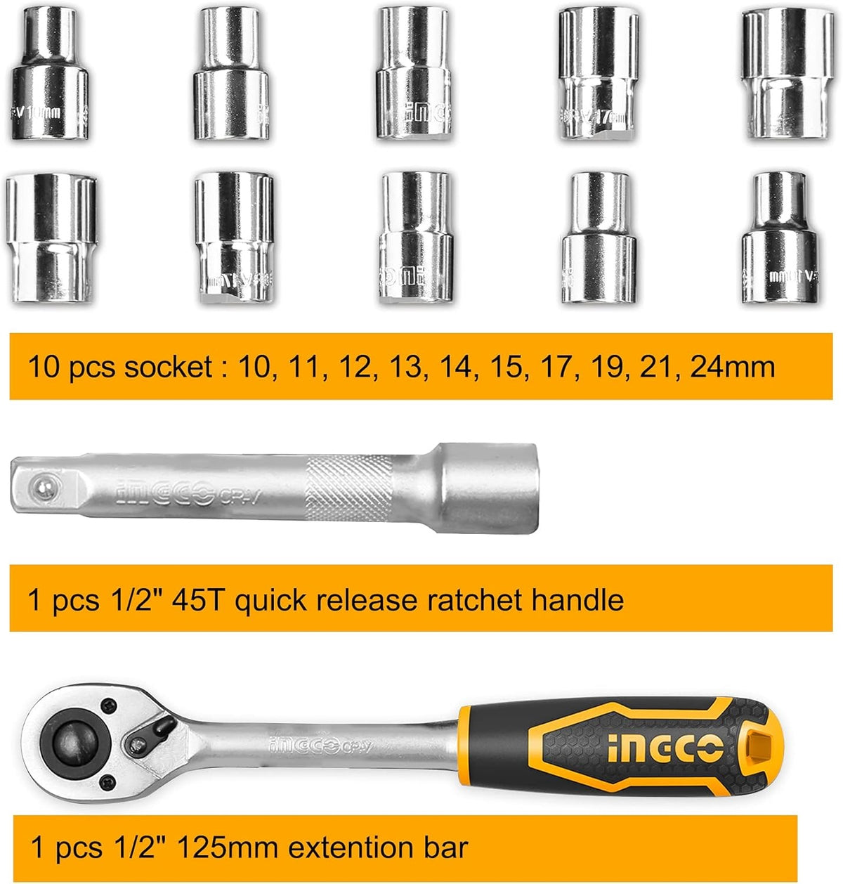 INGCO 12PCS 1/2DR SOCKET SET 10-24MM HKTS12122