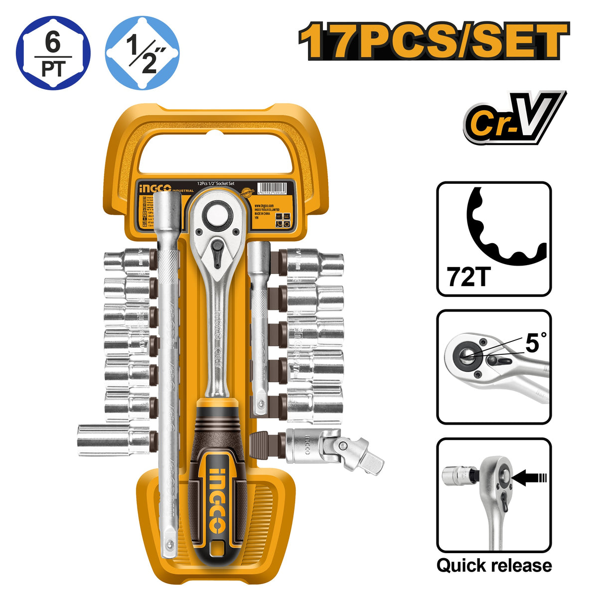INGCO 27PCS 1/2" DR. SOCKET SET 4-14MM W/72T RATCHET HANDLE HKTS12171 Main image