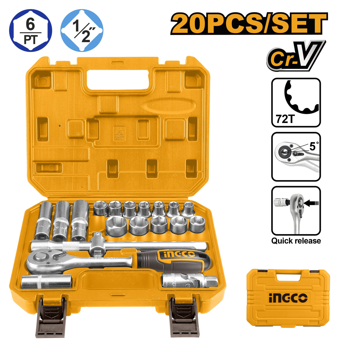 INGCO 20PCS 1/2" DR. SOCKET SET 10-24MM HKTS12201 Main image