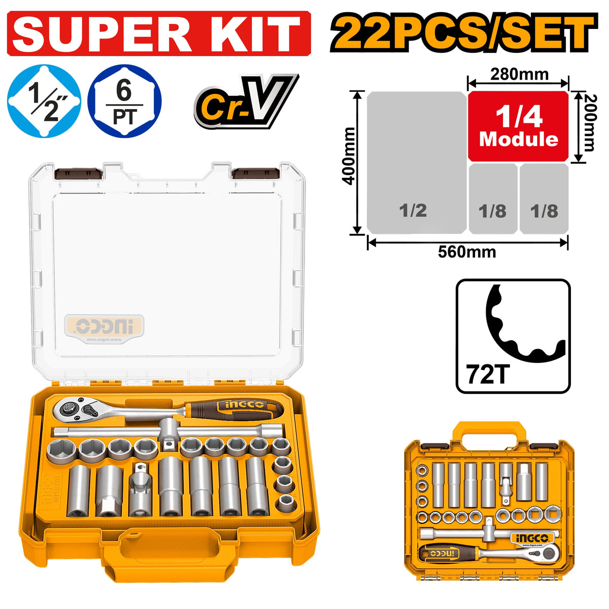 INGCO 22PCS 1/2" DR. SOCKET SET 10-24MM HKTS12226 SUPER KIT Main image