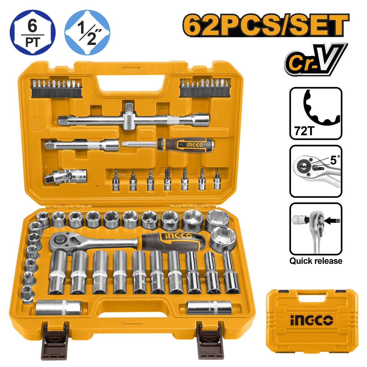 INGCO 62PCS 1/2" DR. SOCKET SET 10~32MM HKTS12602 Main image