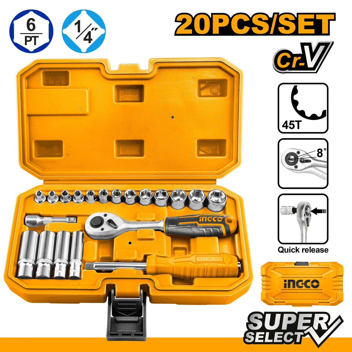 INGCO 20PCS 1/4" DR. SOCKET SET 4-14MM HKTS14201 Main image